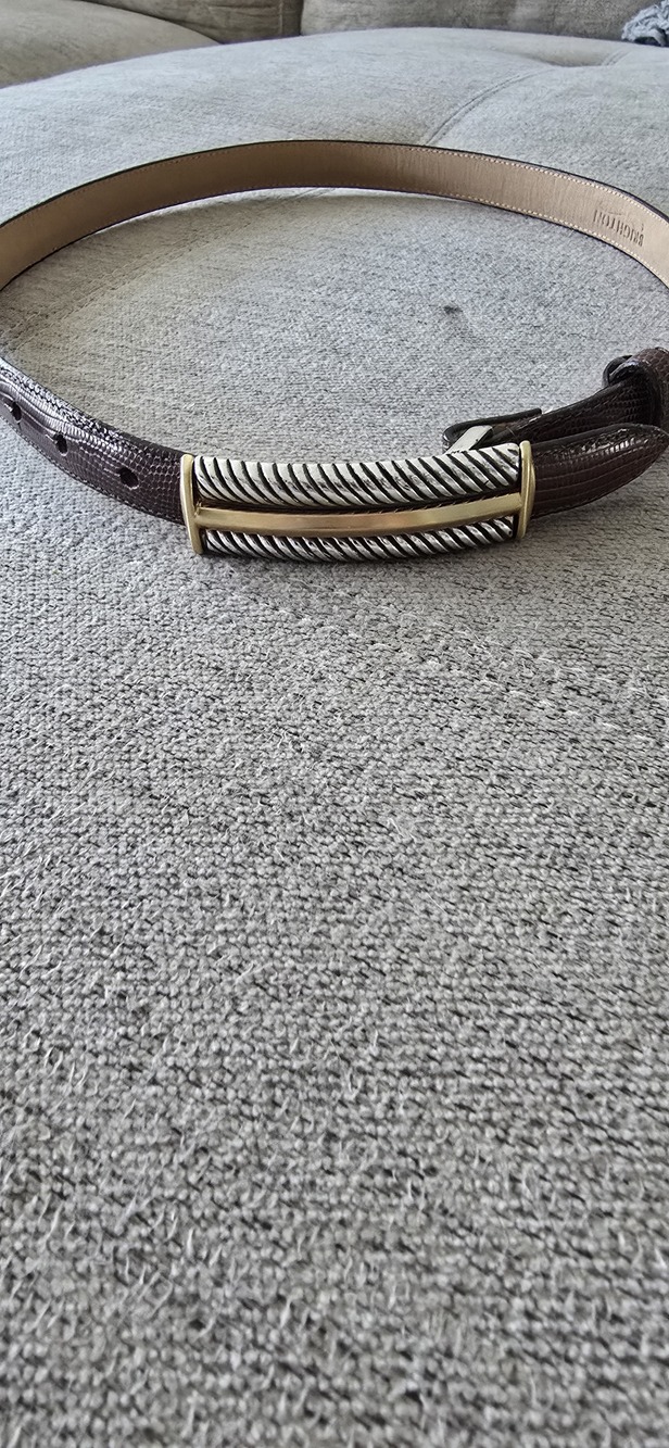 Brighton Brown Lizard Embossed Leather Belt Twisted Silver Gold Buckle
